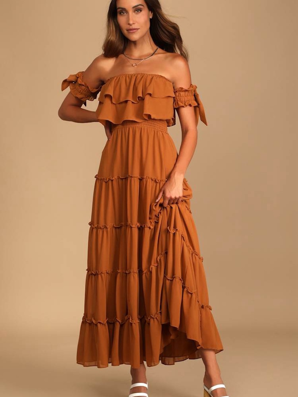 Lulus Chance For Us Light Brown Off-the-Shoulder Ruffled Maxi Dress